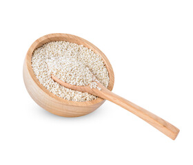 White sesame seeds in a wooden cup isolated on transparent background. (.PNG)
