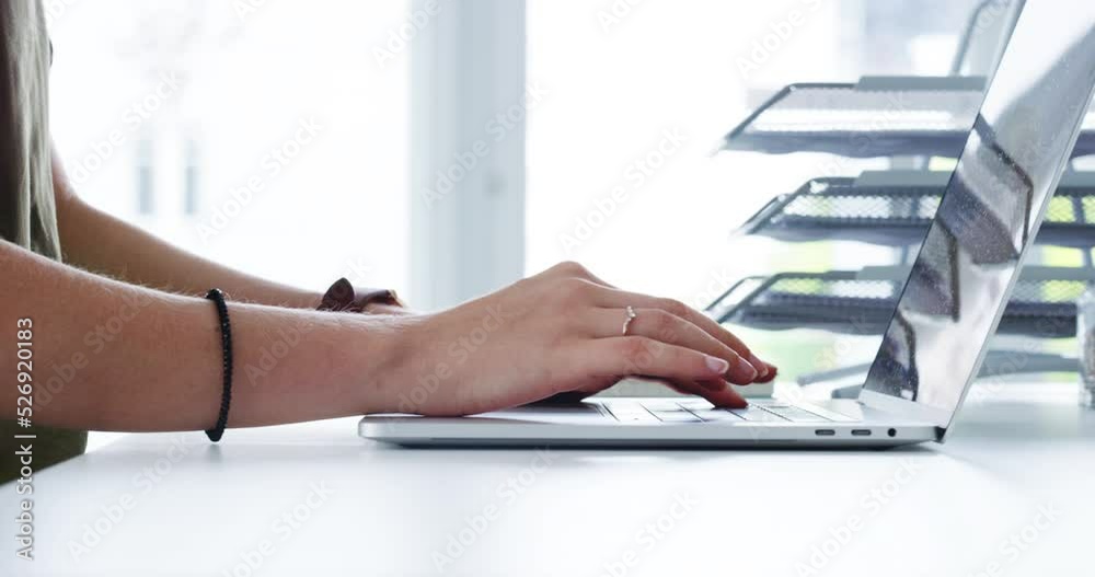 Aufkleber Hands typing, web research and working business woman on a office computer with crypto iot data. Online ux planning and digital strategy of a IT expert writing a big data and cloud computing report