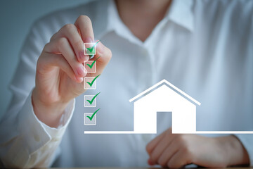 Checklist while buying your House. Real estate concept. Check mark completed for home buying checklist. refinance, home loan, tax, mortgage, buy, rent and property investment. - obrazy, fototapety, plakaty
