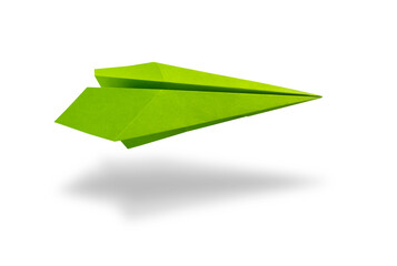 Green paper plane origami isolated on a white background