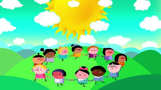 Children day or sunday. Happy children of different nations and skin colour dancing together in a circle holding their hands around the sun seamless loop. Green landscape with meadow, moving clouds an