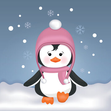 A little penguin girl in a funny hat. Cute, winter, vector illustration for postcards, covers, posters, invitations, packaging