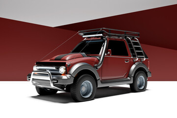 3d illustration adventure off-road car for safari on a burgundy background