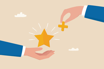 Value added, increase value or price of product to make profit, additional advantage or development for more benefit concept, businessman hand holding star value and another added plus sign to it. - obrazy, fototapety, plakaty