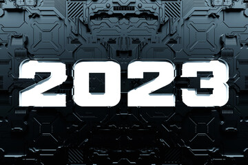 3d illustration Futuristic tech postcard with the year 2023 on the background of a metallic, technological cover of a spaceship or robot. Abstract graphics in the style of computer games.