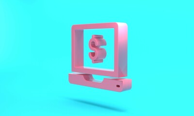 Pink Laptop with dollar icon isolated on turquoise blue background. Sending money around the world, money transfer, online banking, financial transaction. Minimalism concept. 3D render illustration