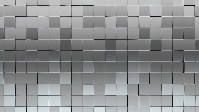 Silver Tiles arranged to create a Luxurious wall. Polished, 3D Background formed from Square blocks. 3D Render