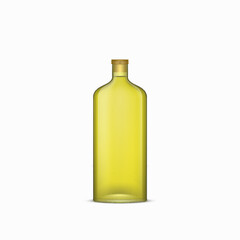 Realistic olive oil bottle, glass jar with cork metal lid. Extra virgin olive oil or vinegar package