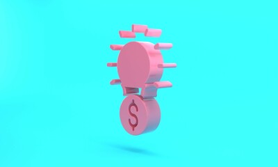 Pink Light bulb with dollar symbol icon isolated on turquoise blue background. Money making ideas. Fintech innovation concept. Minimalism concept. 3D render illustration