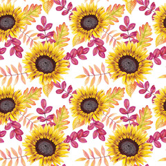 Seamless pattern of bright autumn leaves and sunflower flowers. Watercolor illustration.