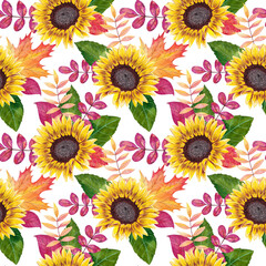 Fototapeta na wymiar Seamless pattern of bright autumn leaves and sunflower flowers. Watercolor illustration.