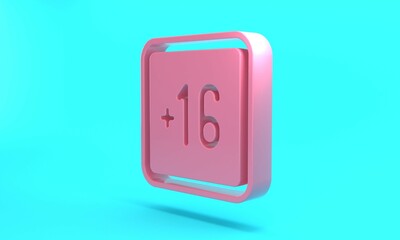 Pink Plus 16 movie icon isolated on turquoise blue background. Adult content. Sixteen plus icon. Censored business concept. Minimalism concept. 3D render illustration