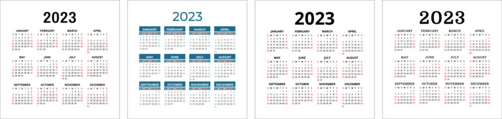 Calendar template 2023 set. Color english square calender collection