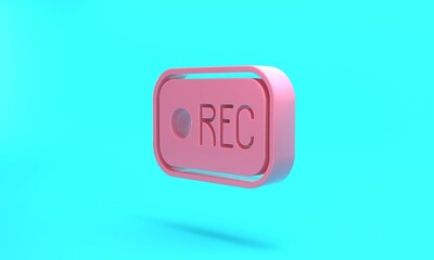 Pink Record button icon isolated on turquoise blue background. Rec button. Minimalism concept. 3D render illustration