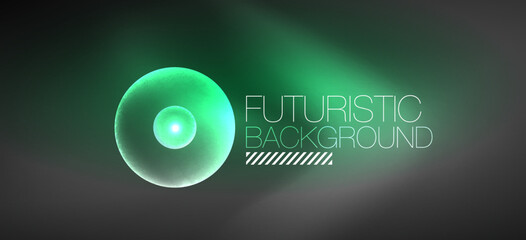 Shiny neon geometric abstract background. Glowing lights on round shapes, triangles and circles. Wallpaper for concept of AI technology, blockchain, communication, 5G, science, business