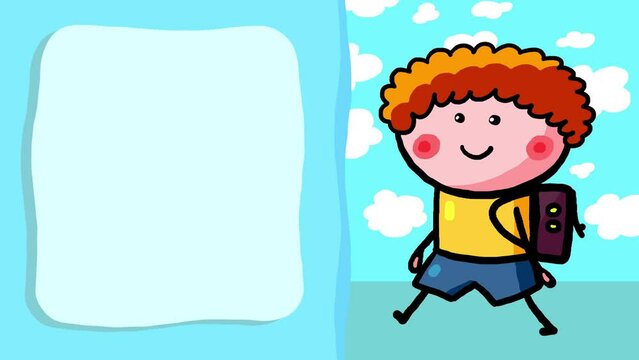 Schoolboy character cartoon animation walking with backpack on title background frame. Little cute kid boy good for any project. Frame good for titles. Sweet blue background.