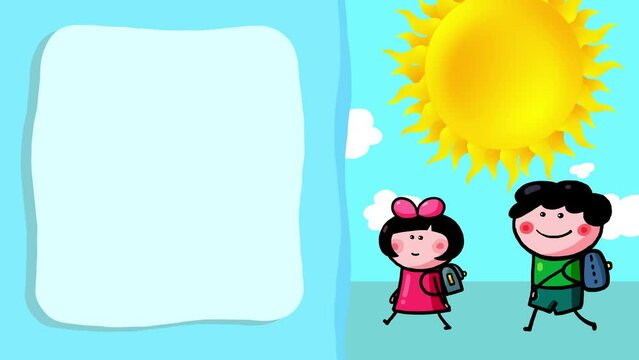 Schoolgirl and schoolboy character cartoon animation walking with backpack on title background frame. Little cute kid girl and boy good for any project. Frame good for titles. Sweet blue background.
