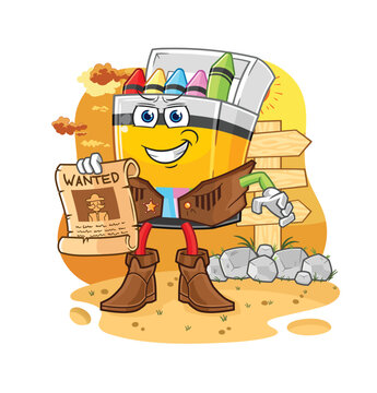 crayon cowboy with wanted paper. cartoon mascot vector