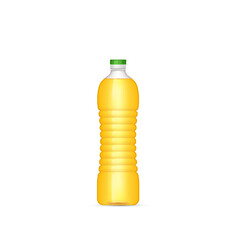 Realistic sunflower oil in template plastic bottle. Package of vegetable fat for food preparation