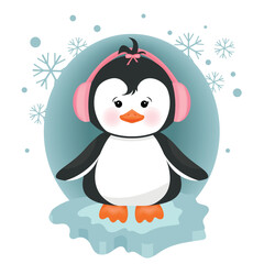 A little penguin girl wearing headphones. Cute, winter, vector illustration for postcards, covers, posters, invitations, packaging
