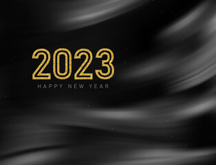 Black wavy silk background with 2023 new year gold glitters. Vector