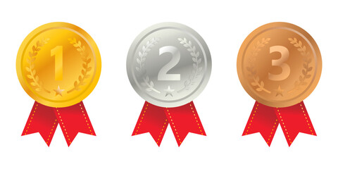 Realistic gold, silver and bronze medals set with ribbons. Award winning symbol.