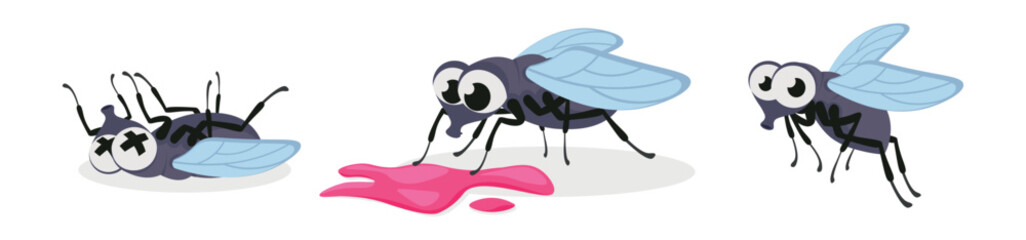 Vector illustration of cute and beautiful fly on white background. Charming characters in different poses died, found a red life, flies in cartoon style.