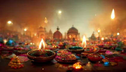 Foto op Plexiglas illustation of Diwali festival of lights tradition Diya oil lamps against dark background © slonme