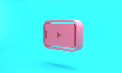 Pink Online play video icon isolated on turquoise blue background. Smartphone and film strip with play sign. Minimalism concept. 3D render illustration