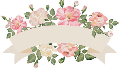 watercolor rose flower bouquet with ribbon banner background clipart