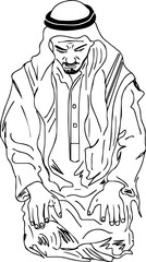 Fototapeta na wymiar Illustration of a muslim man doing sujud, islamic man doing prayer cartoon drawing doodle, sketch drawing of muslim man praying dua clip art