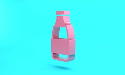 Pink Closed glass bottle with milk icon isolated on turquoise blue background. Minimalism concept. 3D render illustration