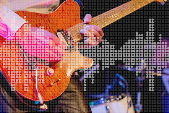 blurry scene from a music stage with guitar player and overlay dotted audio equalizer Halftone effect pattern to promote events