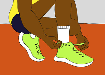 Digital Hand drawn sport Image.
Man tying shoelaces on sneakers. Sportsman.
 Horizontal jpg print 