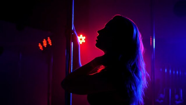 Close-up silhouette of a woman with long flowing hair near a pole in a nightclub