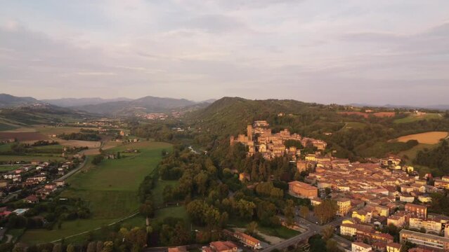 4k drone aerial view of Castell'Arquato at sunrise