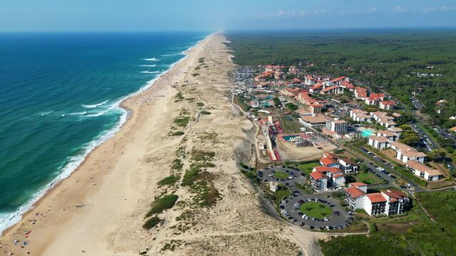 Aerial view of Seignosse Ocean beach, Landes in Nouvelle Aquitaine, France, High quality 4k footage