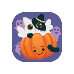 Vector icon with a kitten in an angel costume with a ghostly background. Stylish and cute Halloween decoration