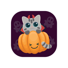 Vector icon with a gray kitten in a Satan costume. Stylish and cute Halloween decoration