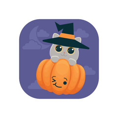 Vector icon with a gray kitten in a witch hat. Stylish and cute Halloween decoration