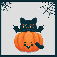 Vector illustration or invitation flyer with a cute Halloween cat and a smiling pumpkin