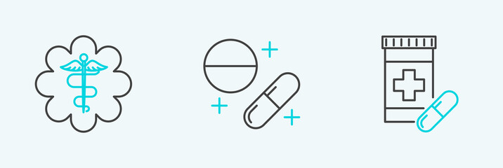 Set line Medicine bottle and pills, Emergency star medical symbol Caduceus snake with stick and or tablet icon. Vector