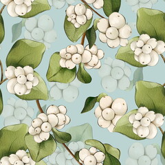 Snowberry on a blue background. Seamless pattern in watercolor style - 526926108