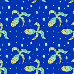 A nice set of cartoon fish.  Abstract seamless fashion pattern. Vector seamless pattern of blue-yellow-green sea fish. Design for postcards, wallpaper, fabric, printing, wrapping paper