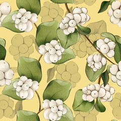 Snowberry on a yellow background. Seamless pattern in watercolor style - 526926182