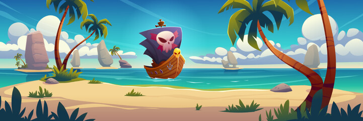 Obraz na płótnie Canvas Sea lagoon with wooden pirate ship with black sails with skull. Tropical island sand beach landscape with palm trees, mountains and corsair boat on water, vector cartoon illustration
