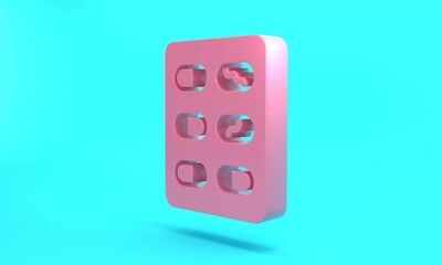Pink Pills in blister pack icon isolated on turquoise blue background. Medical drug package for tablet, vitamin, antibiotic, aspirin. Minimalism concept. 3D render illustration