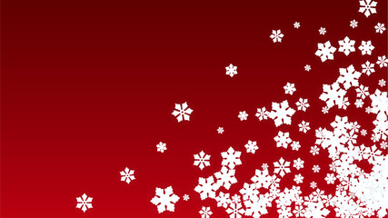 Obraz na płótnie Canvas Christmas Vector Background with Falling Snowflakes. Isolated on Red Background. Realistic Snow Sparkle Pattern. Snowfall Overlay Print. Winter Sky. Papercut Snowflakes.