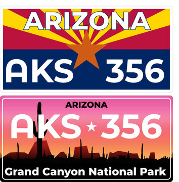2 car license plates marking for Arizona in the United States. Vehicle license numbers of different American states. Vintage print for t-shirt graphics, sticker and poster