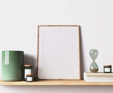 Modern poster frame mockup, minimal room design on white interior background, wooden frames mock up, 3d render